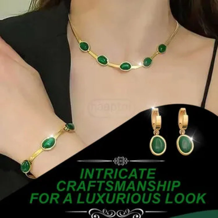 🌿✨ Elegant Green Crystal Jewellery Set 💚👑👩‍🦰 - 🏵️ Necklace, 💫 Bracelet, 🌟 Earrings - Perfect for Every Occasion! 🌿✨